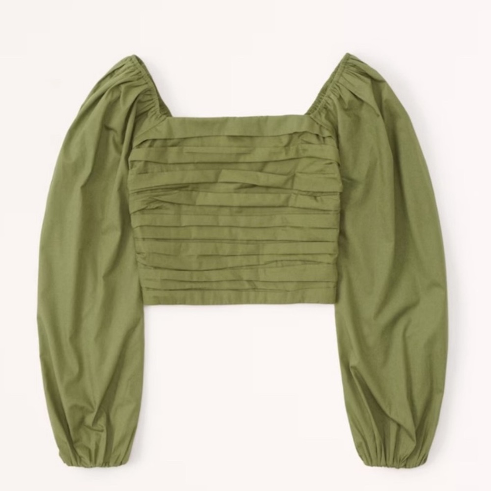 Abercrombie & Fitch Olive Green Long-Sleeve Ruched Bodice Puff Sleeve Top Size L